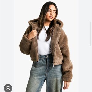 boohoo Hooded Teddy Faux Fur Coat Cozy Brown Camel fuzzy Sherpa Borg Jacket NWT